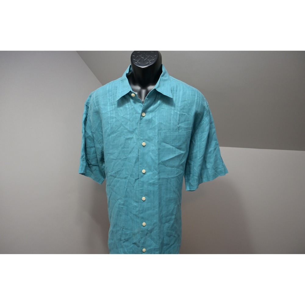 Tommy Bahama Hawaiian Shirt Mens XL Teal 100% Linen Stripe Short Sleeve